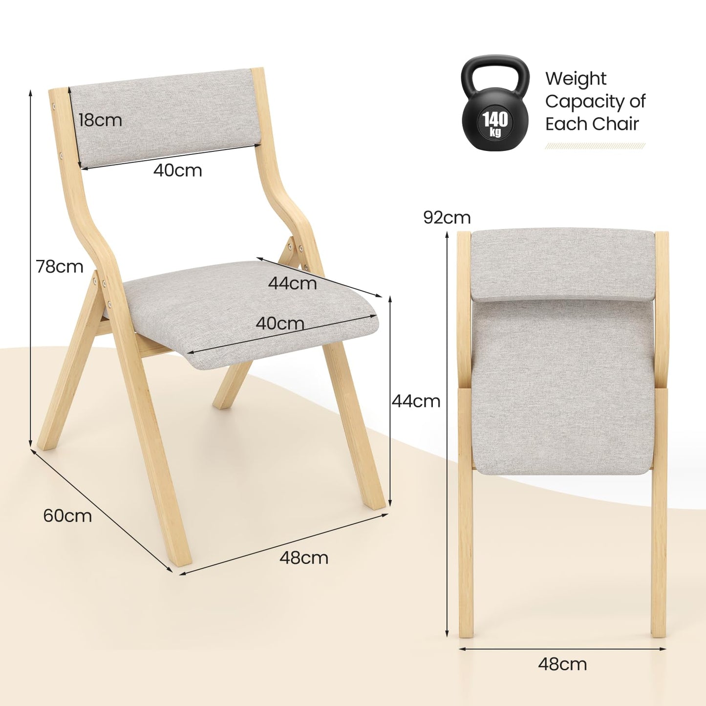 GiantexUK Folding Dining Chairs Set of 2, Padded Linen Fabric Kitchen Chairs with Backrest & Non-Slip Foot Pads