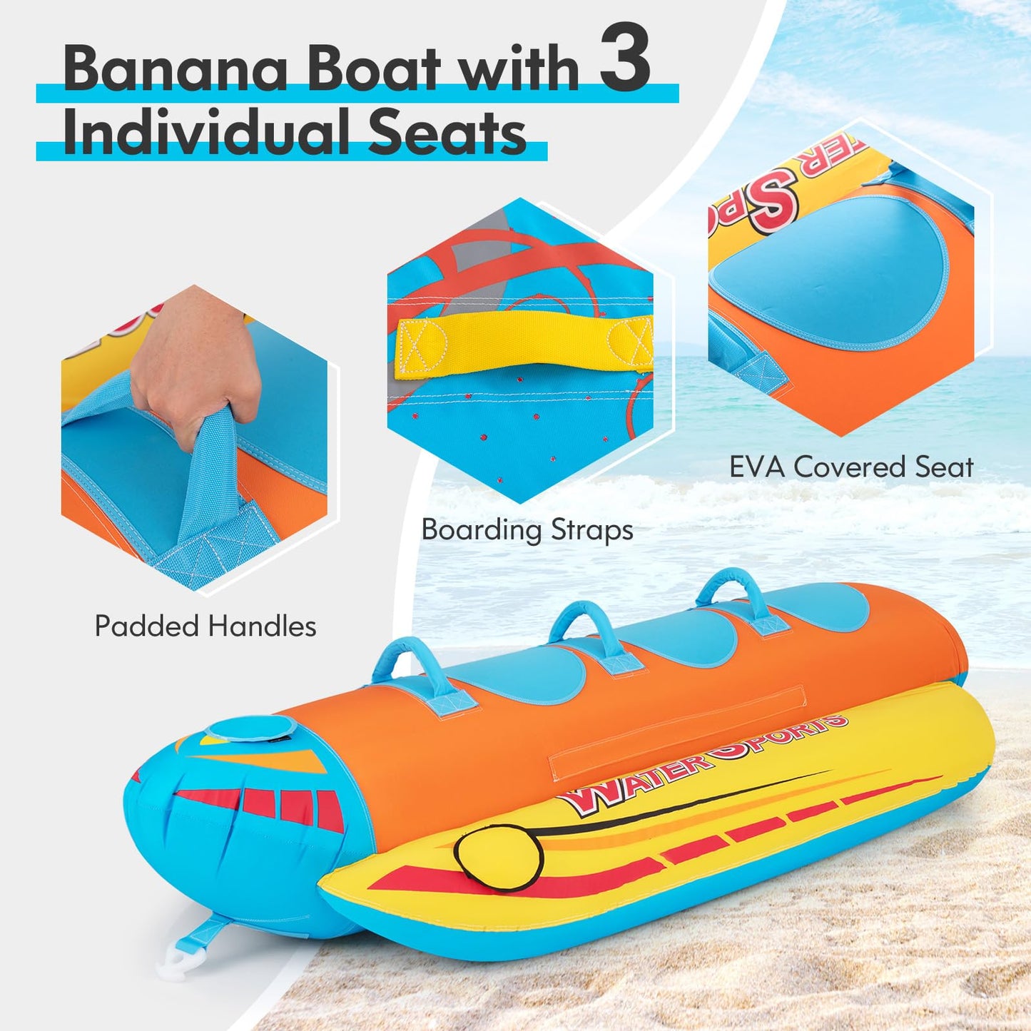 1-3 Riders Inflatable Banana Boat Towable Tube for Boating with Full Nylon Cover