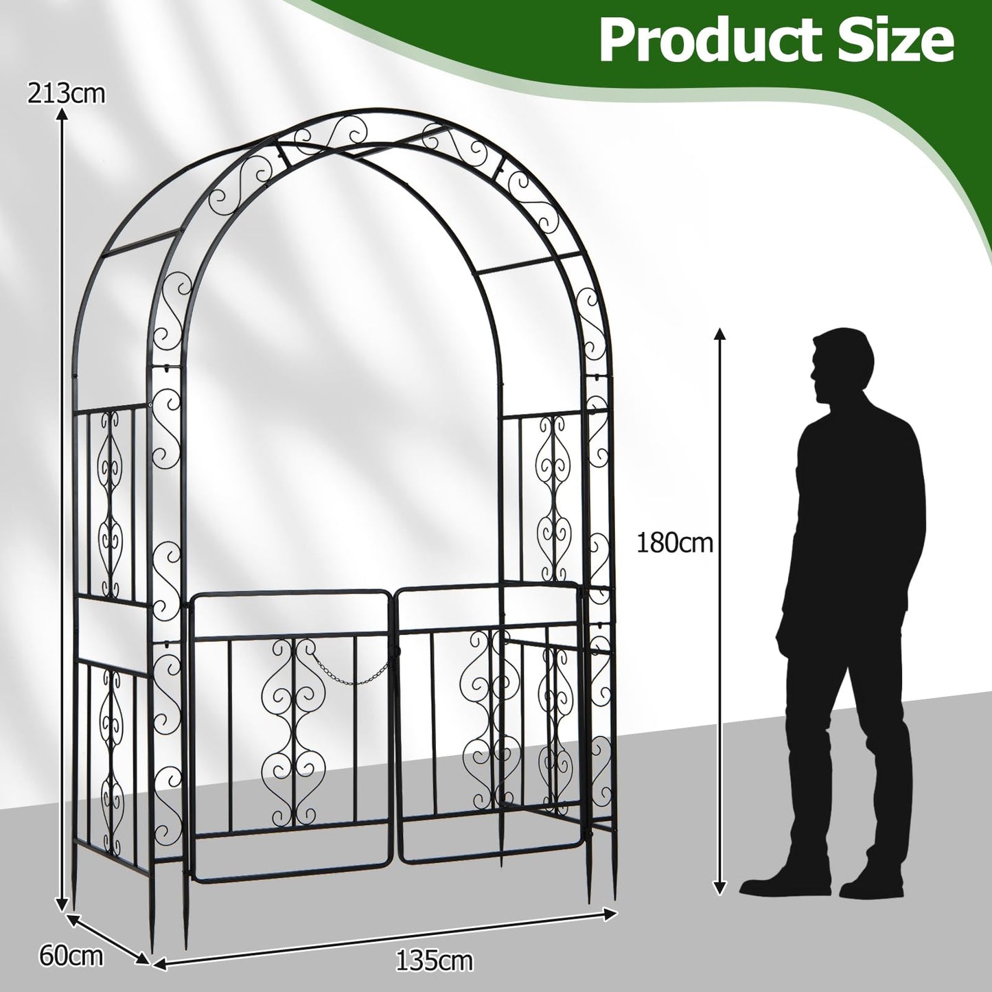 Garden Arch with Gate, Metal Pergola Arbor Trellis for Climbing Plant Rose Vines