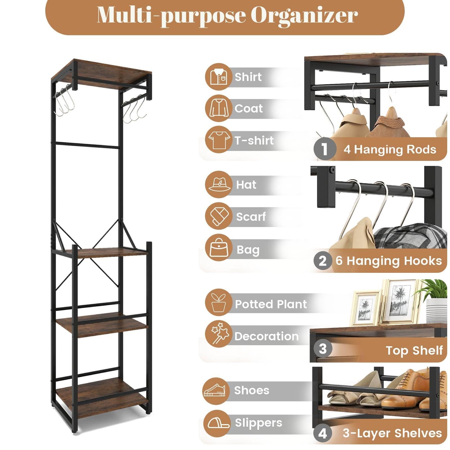 Freestanding Coat Rack Slim Hall Tree with 4 Storage Shelves
