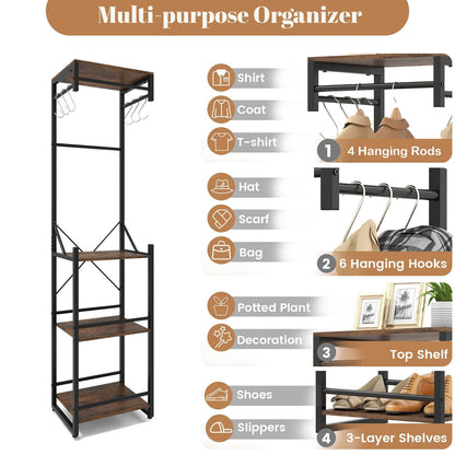 Freestanding Coat Rack Slim Hall Tree with 4 Storage Shelves