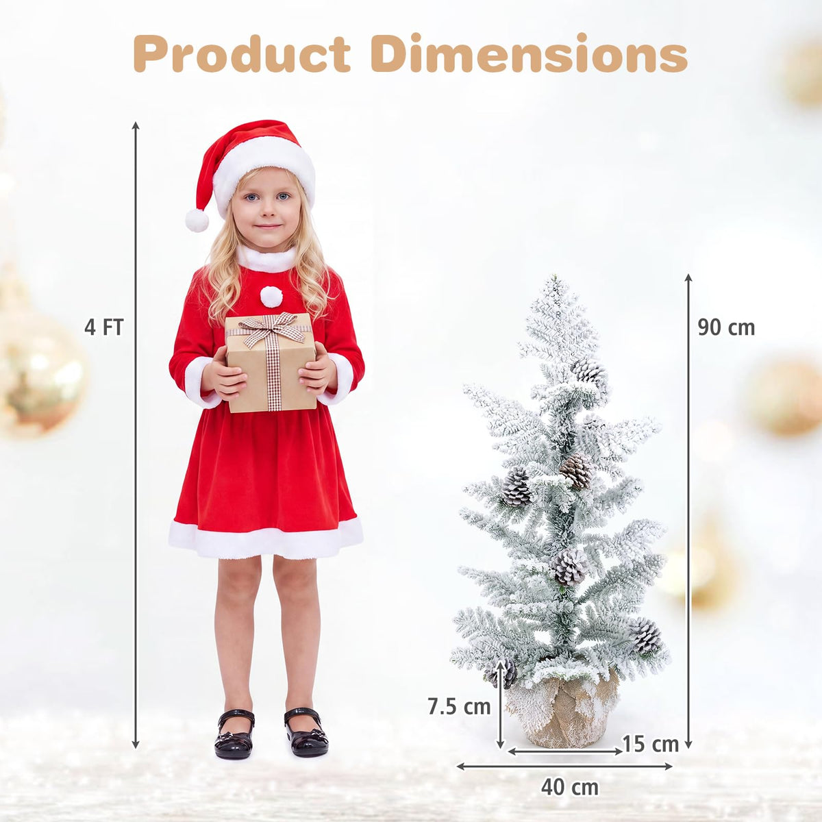 90CM/3FT Artificial Mini Christmas Tree, Snow Flocked Pre-Decorated Tabletop Xmas Tree