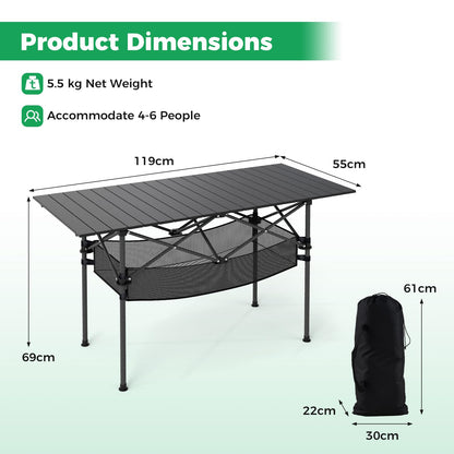 Patio Folding Camping Table Picnic Table with Aluminum Roll-up Tabletop