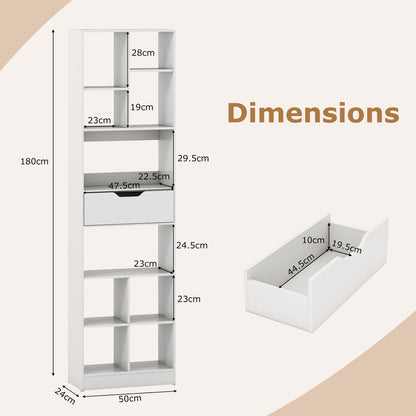 Tall Bookcase with Drawer, Open Cubes and Anti-toppling Kits, Floor Display Rack Storage Organizer