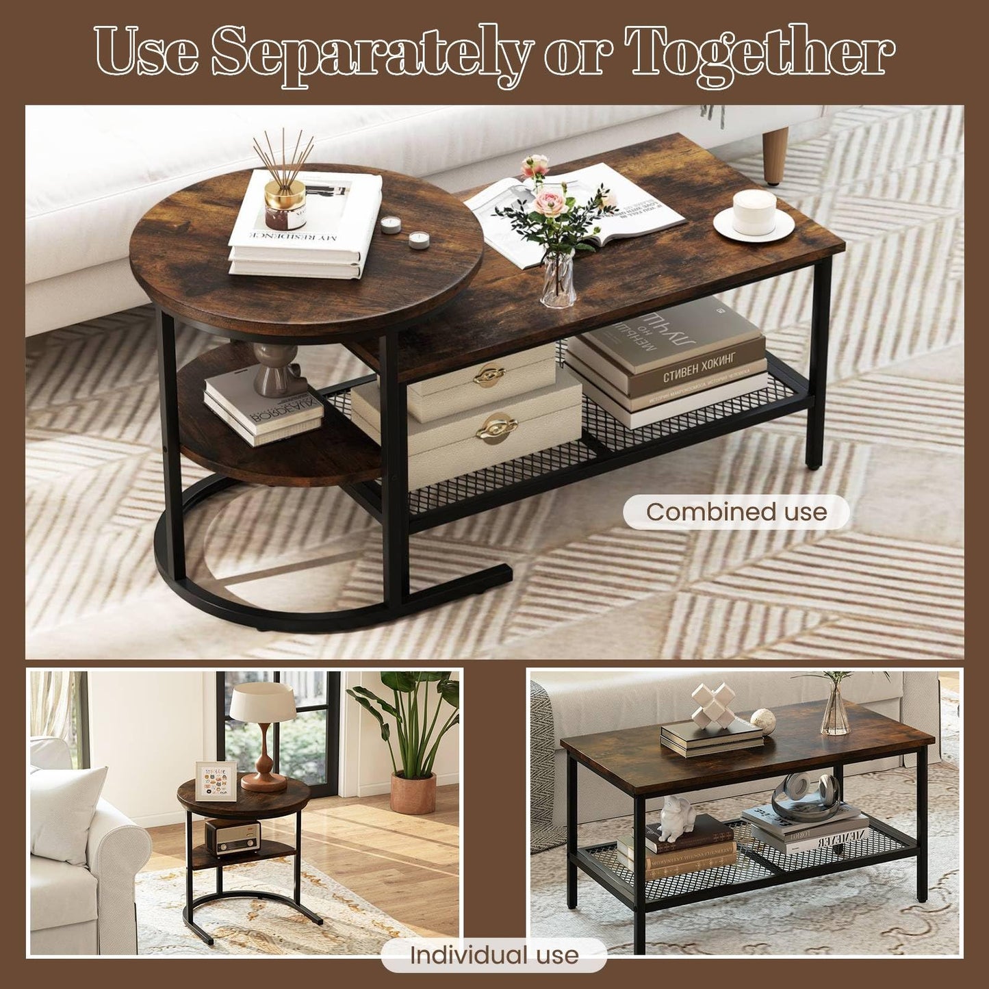 Nesting Coffee Table Set of 2, Faux Marble Cocktail Center and Round End Table with Storage Shelf & Adjustable Foot Pads