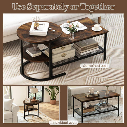 Nesting Coffee Table Set of 2, Faux Marble Cocktail Center and Round End Table with Storage Shelf & Adjustable Foot Pads