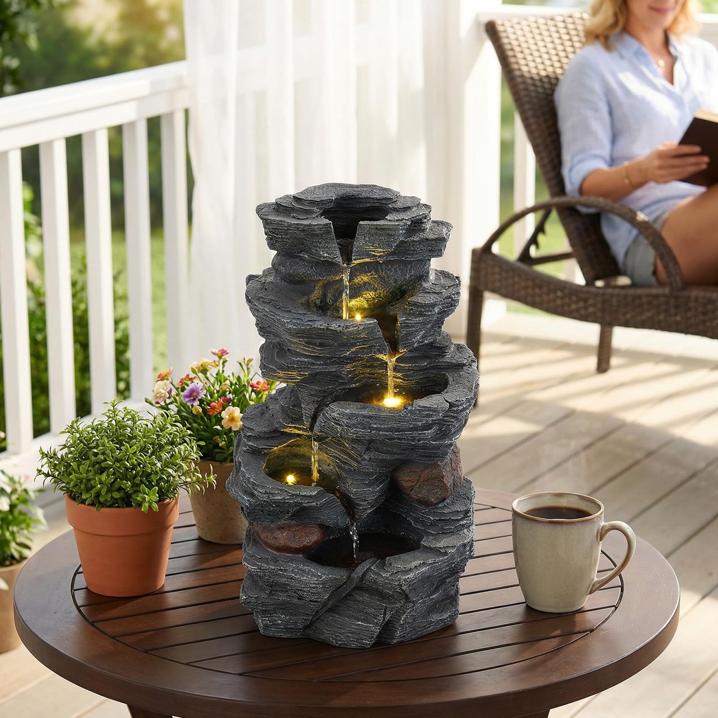 GiantexUK Outdoor Water Fountain, 5-Tier Rock Style Cascading Water Feature