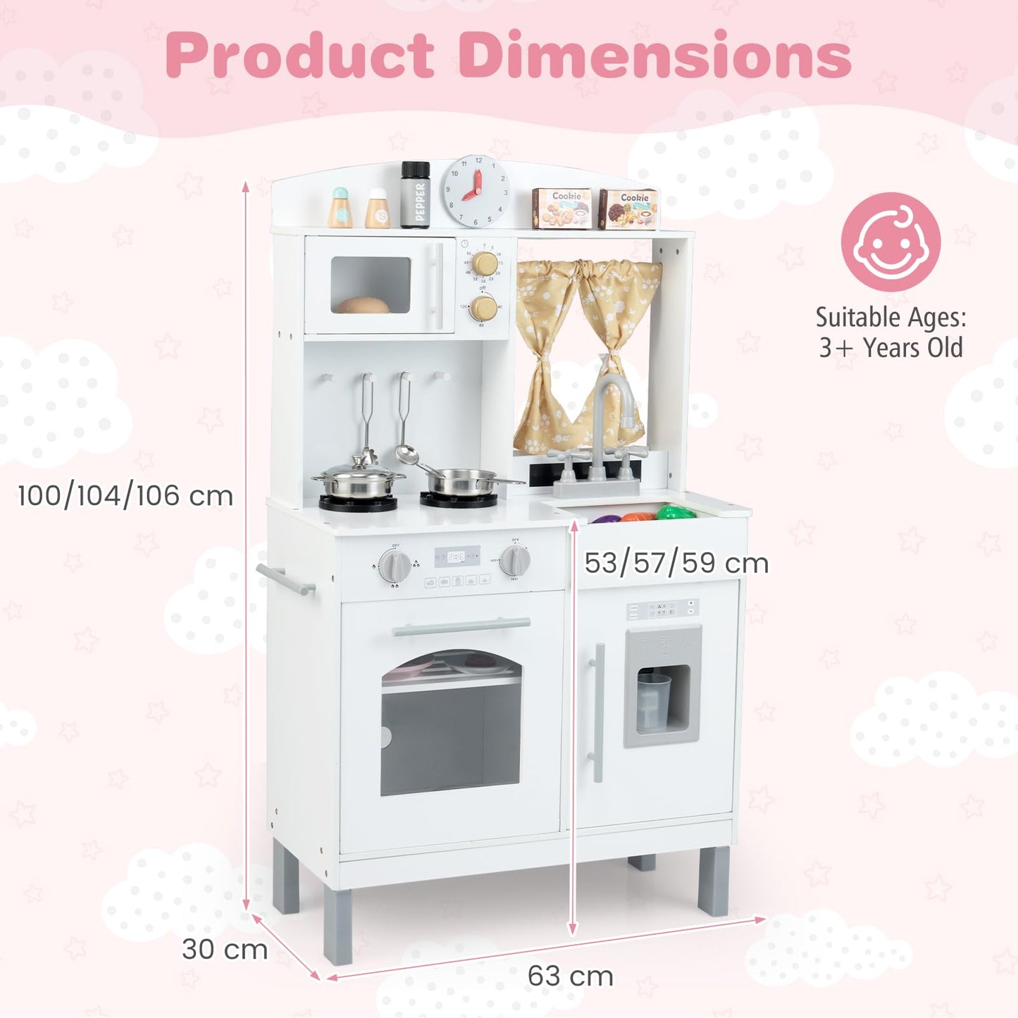 Wooden Play Kitchen for Kids with 3 Adjustable Heights with Stoves and Ice Maker