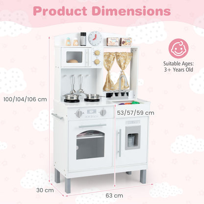 Wooden Play Kitchen for Kids with 3 Adjustable Heights with Stoves and Ice Maker