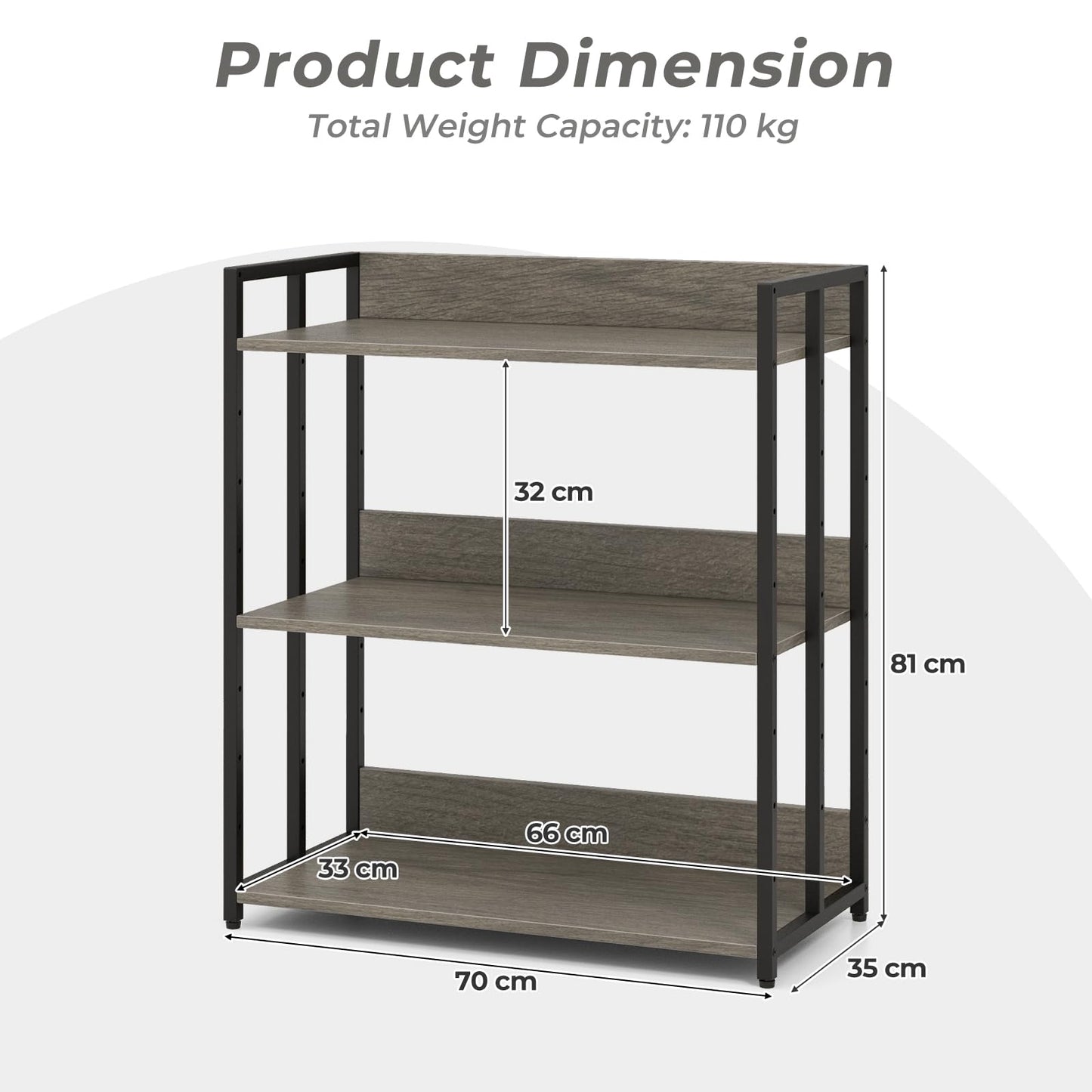3 Tier Bookshelf with Adjustable Shelves and Metal Frame