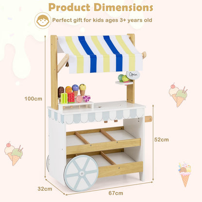 Kids Ice Cream Cart, 2 in 1 Wooden Grocery Store Playset with Display Shelves