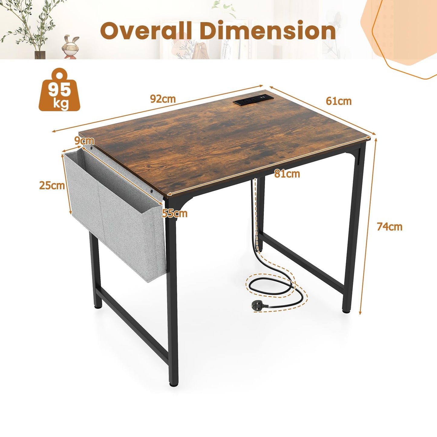 Home Office Desk with Charging Station and Storage Bag