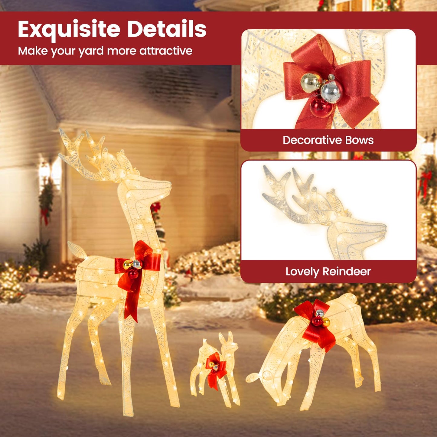 3 Pieces Lighted Reindeer Family Set with 230 LED Lights and Stakes