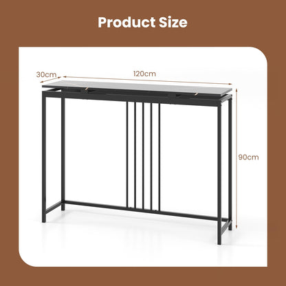 Narrow Console Table 120cm Long Hallway Table with Metal Frame & Faux Marble Top