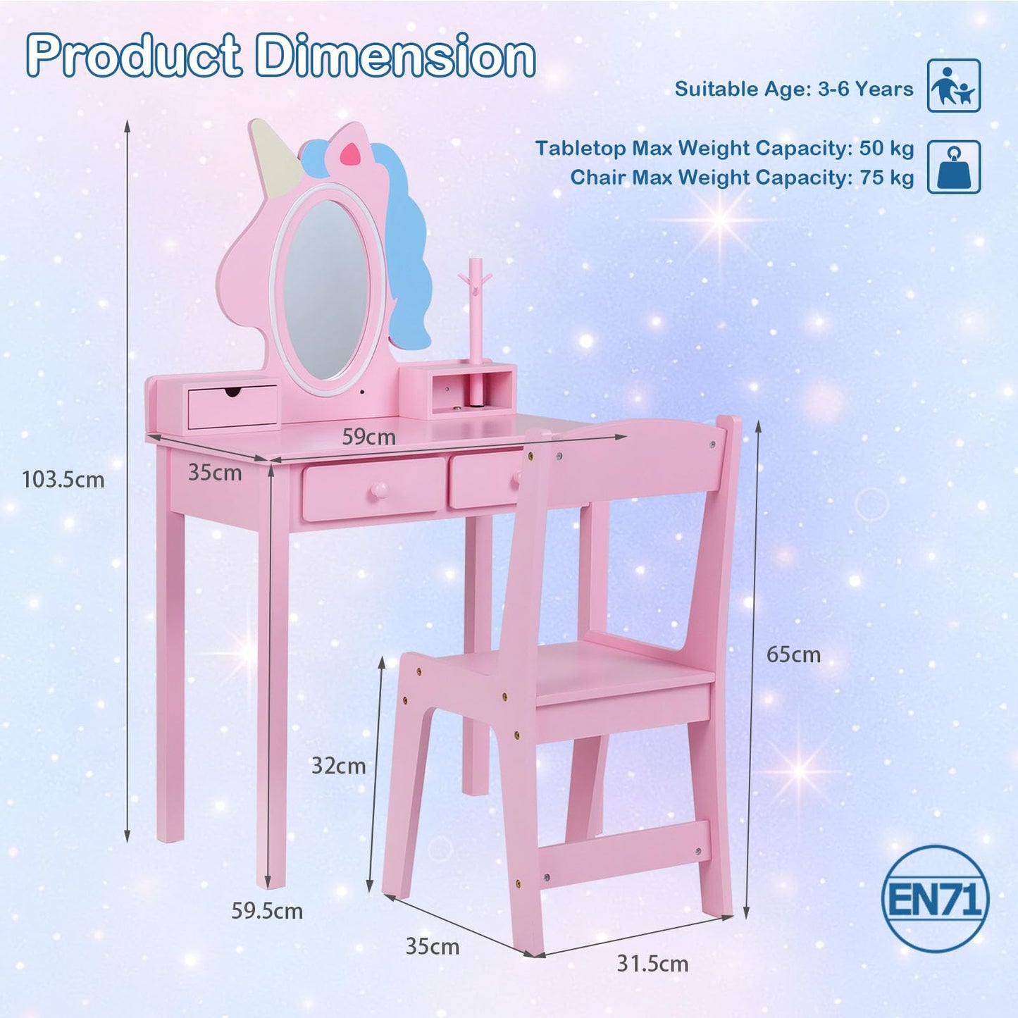 Kids Vanity Set with Lighted Unicorn Mirror & Stool and Jewelry Rack for Girls