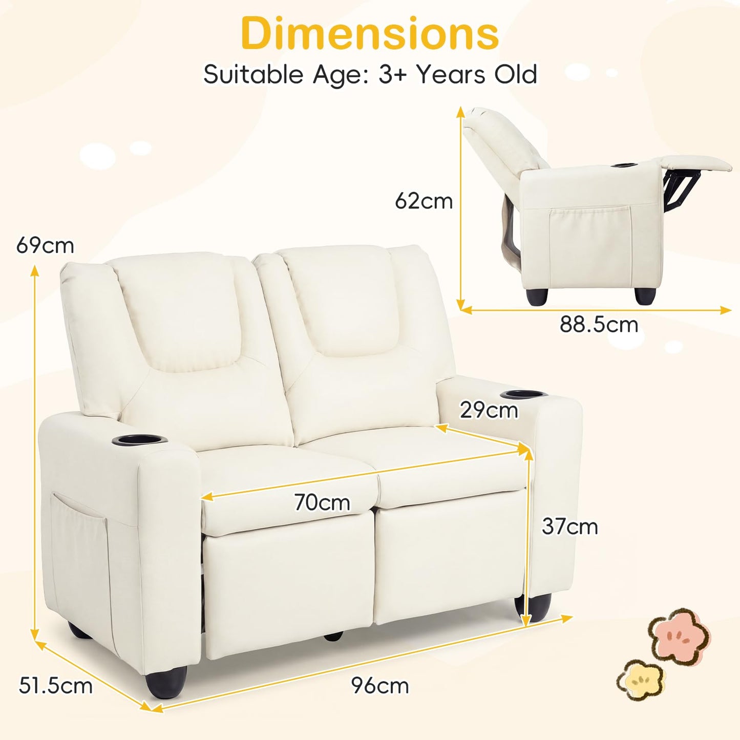 Kids Recliner Chair, 2-Seater Children Sofa