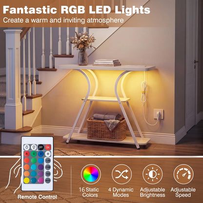 Console Table with LED Light and Power Outlet, 3-Tier Narrow Entryway Table