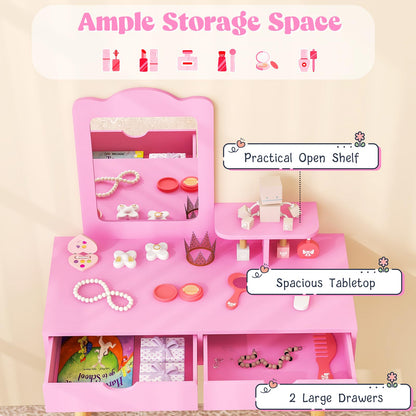 Kids Vanity Table and Stool Set with Square Mirror and Storage Shelf
