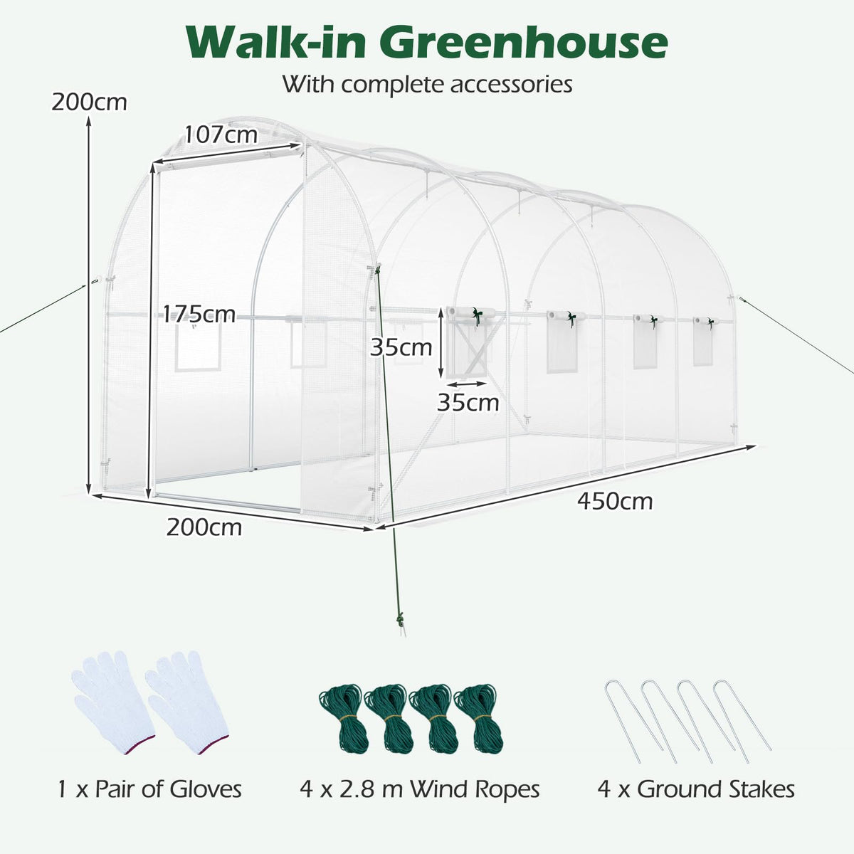 4.5 x 2 x 2 m Walk-in Tunnel Greenhouse for Outdoors Plant Hot House