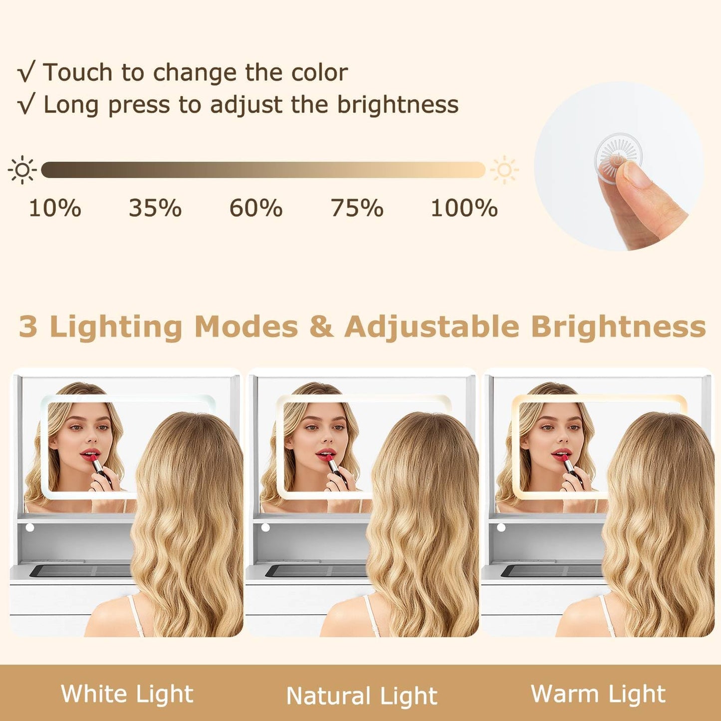 Vanity Desk with Power Outlets and 3 Color Lighting Modes for Bedroom