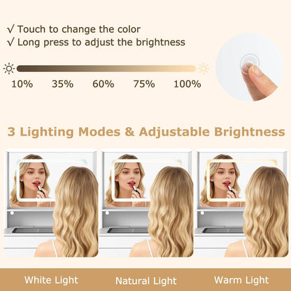 Vanity Desk with Power Outlets and 3 Color Lighting Modes for Bedroom