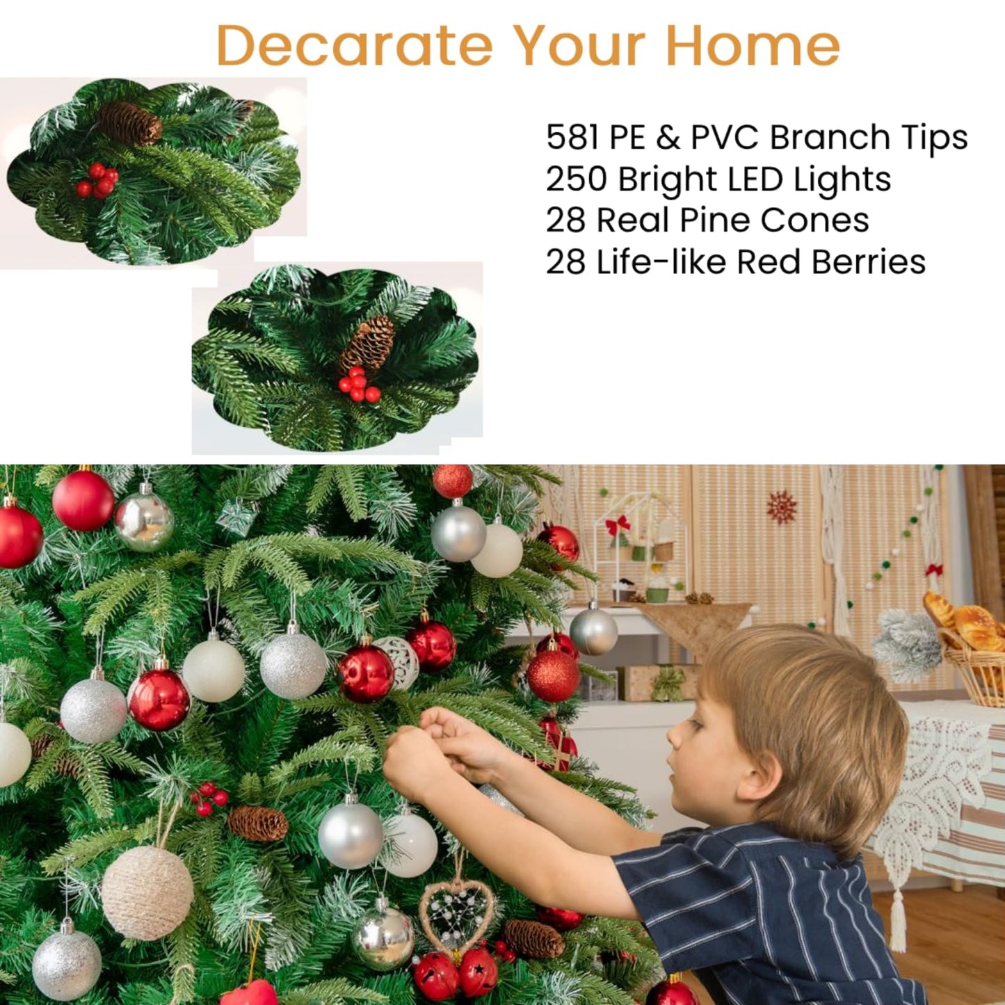 150/180/210 CM Artificial Christmas Tree with LED Lights and Tips