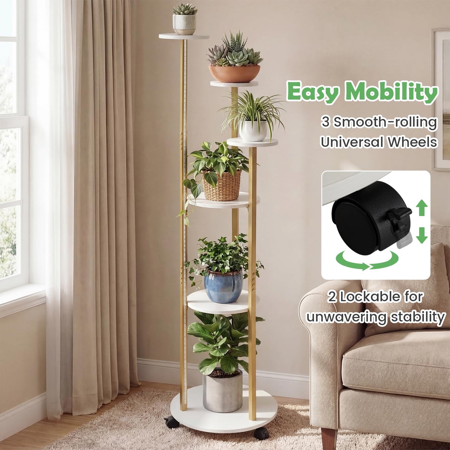 Indoor Plant Stand 6-Tier Corner Shelf with Locking Wheels
