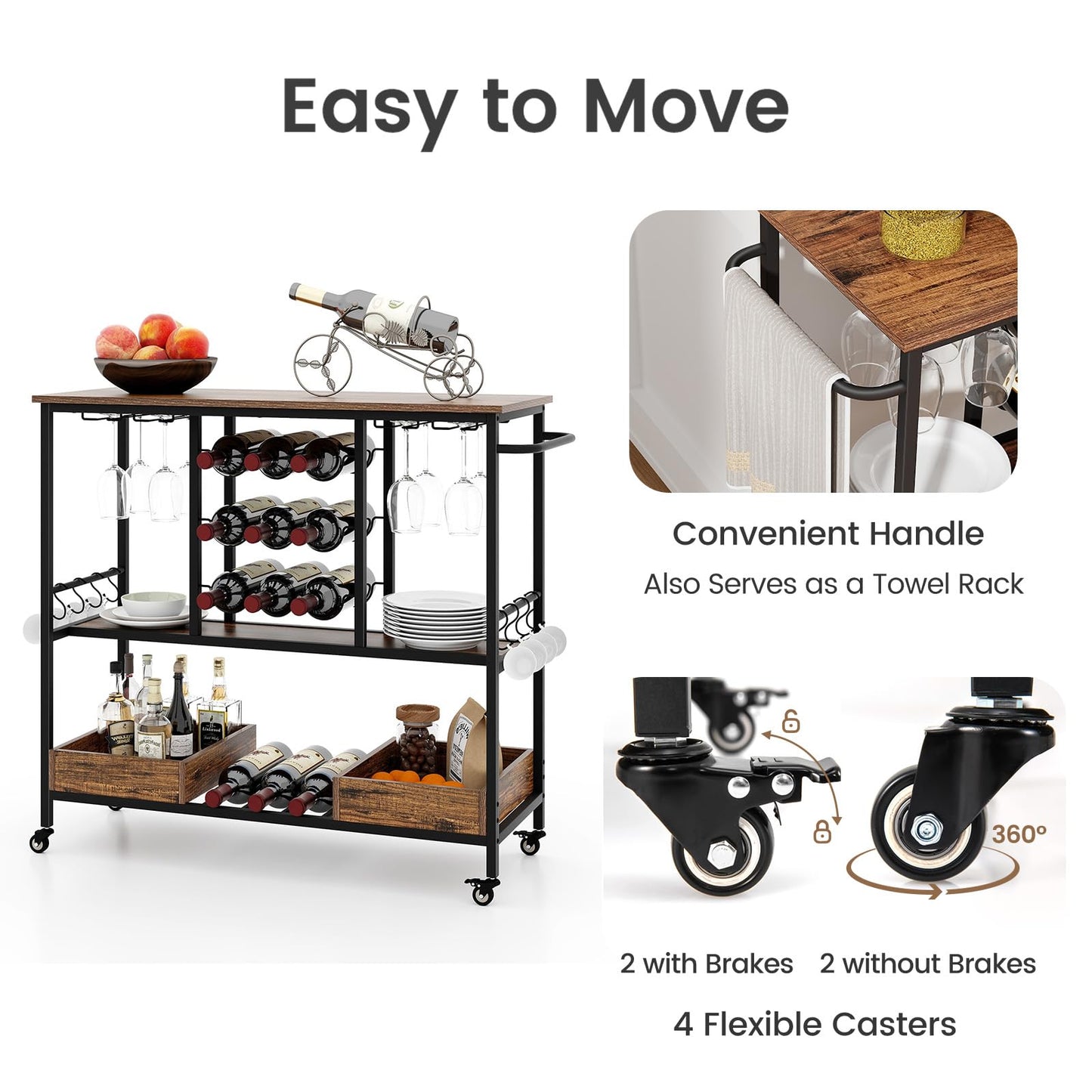 3 Tiers Bar Cart on Wheels with Glass Racks