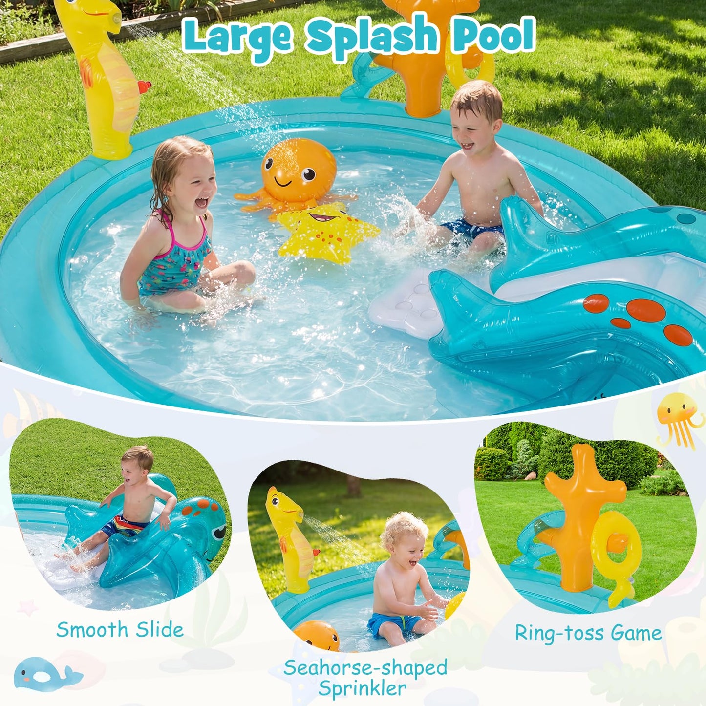 Inflatable Play Center, Marine Life Spray Paddling Pool with Slide & Sprinkle