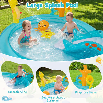 Inflatable Play Center, Marine Life Spray Paddling Pool with Slide & Sprinkle
