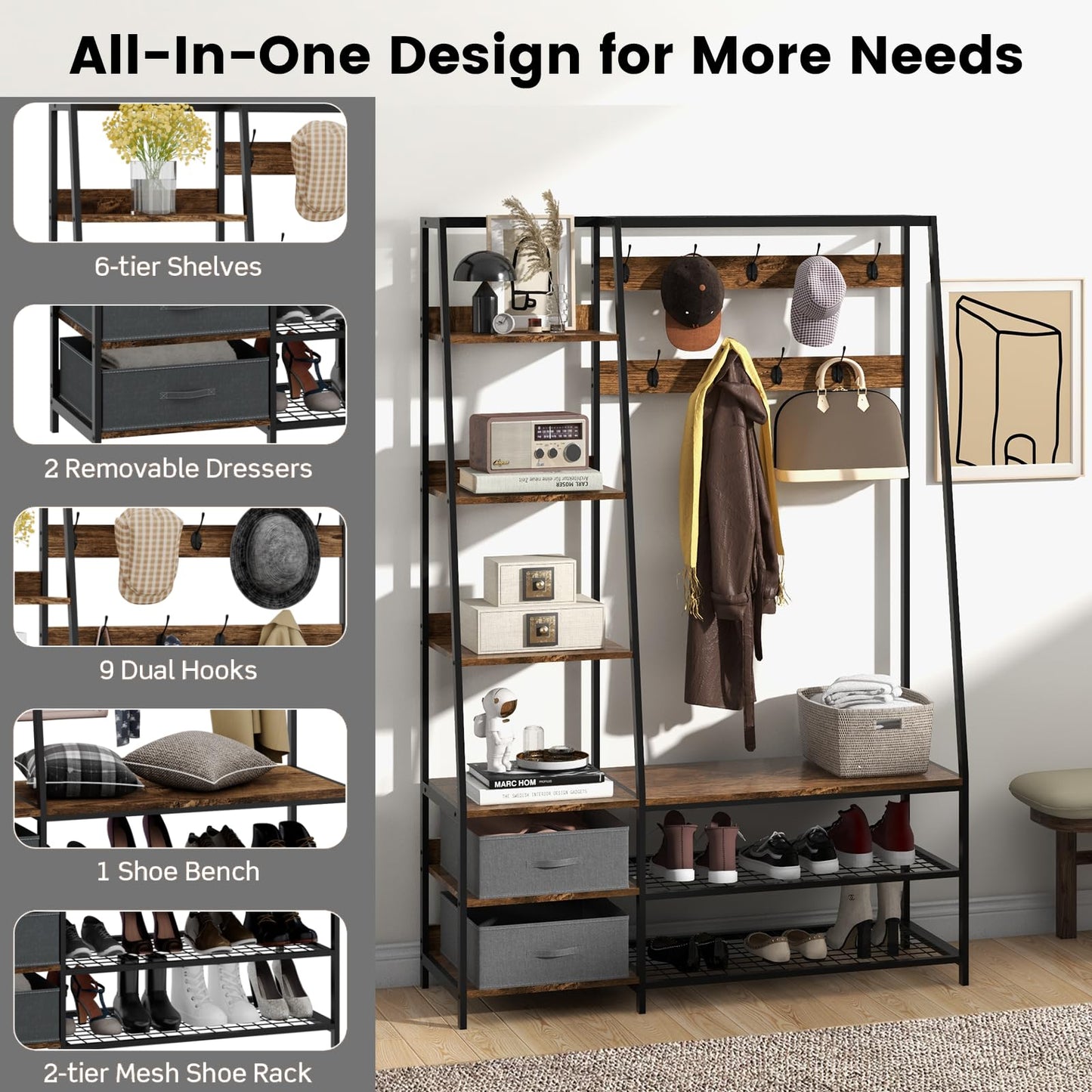 6-in-1 Freestanding Garment Coat Rack with 9 Hooks and 6 Storage Shelves