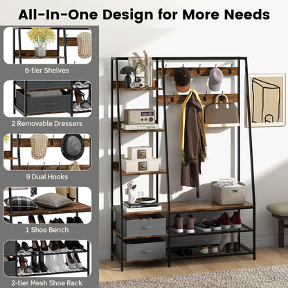 6-in-1 Freestanding Garment Coat Rack with 9 Hooks and 6 Storage Shelves