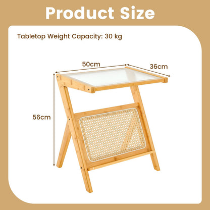 Bamboo Accent Bedside Table with Tempered Glass Top