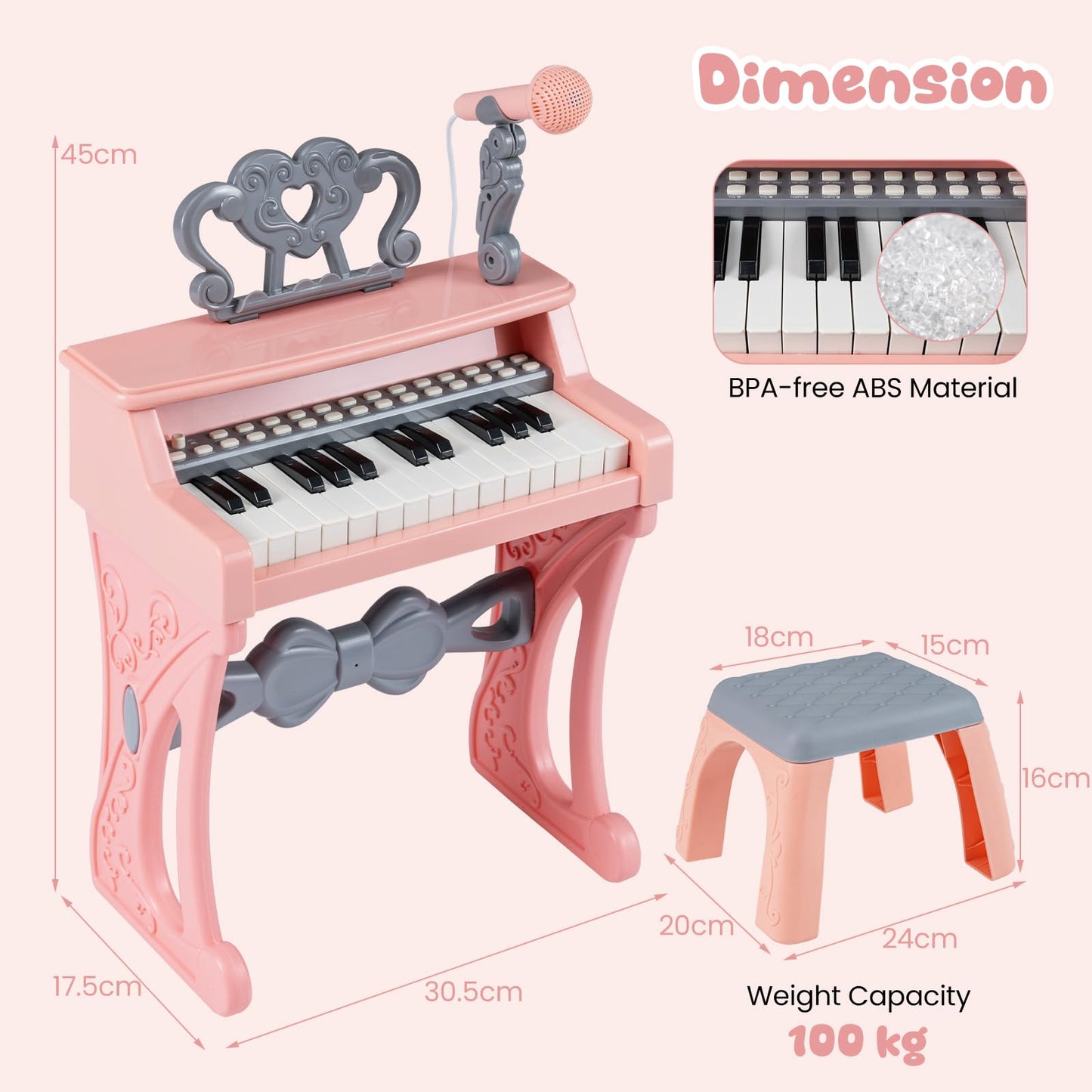 25 Keys Mini Keyboard Piano with Stool and Music Stand for 3+ Kids