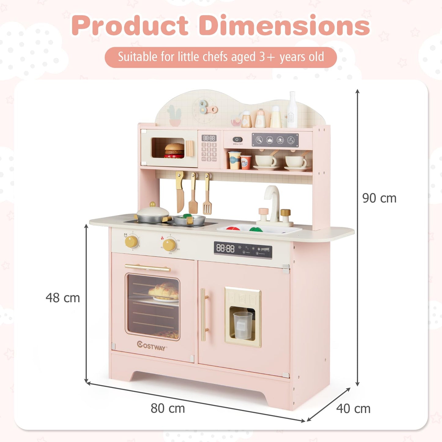 Wooden Toy Kitchen, Kids Pretend Play Kitchen with 17 Pcs Accessories
