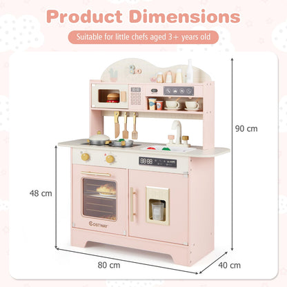 Wooden Toy Kitchen, Kids Pretend Play Kitchen with 17 Pcs Accessories