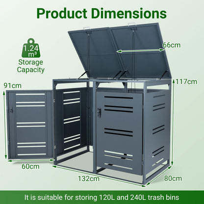 Outdoor Metal Garbage Bin Storage Shed for 2 Trash Cans