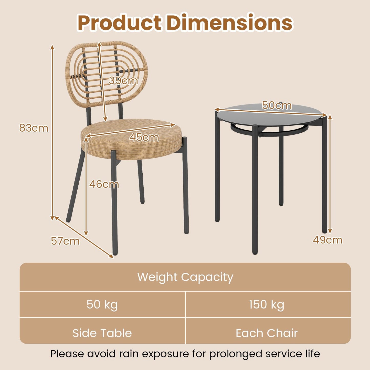 3 Pieces PE Wicker Outdoor Bistro Set Patio Conversation Set with Tempered Glass Coffee Table and Rattan Chairs