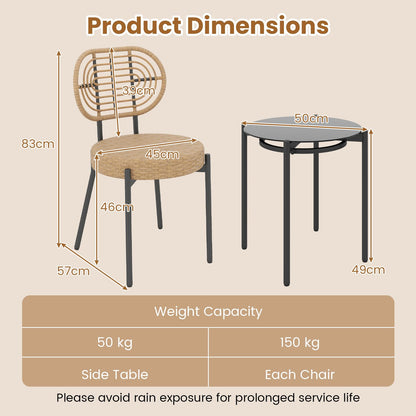 3 Pieces PE Wicker Outdoor Bistro Set Patio Conversation Set with Tempered Glass Coffee Table and Rattan Chairs