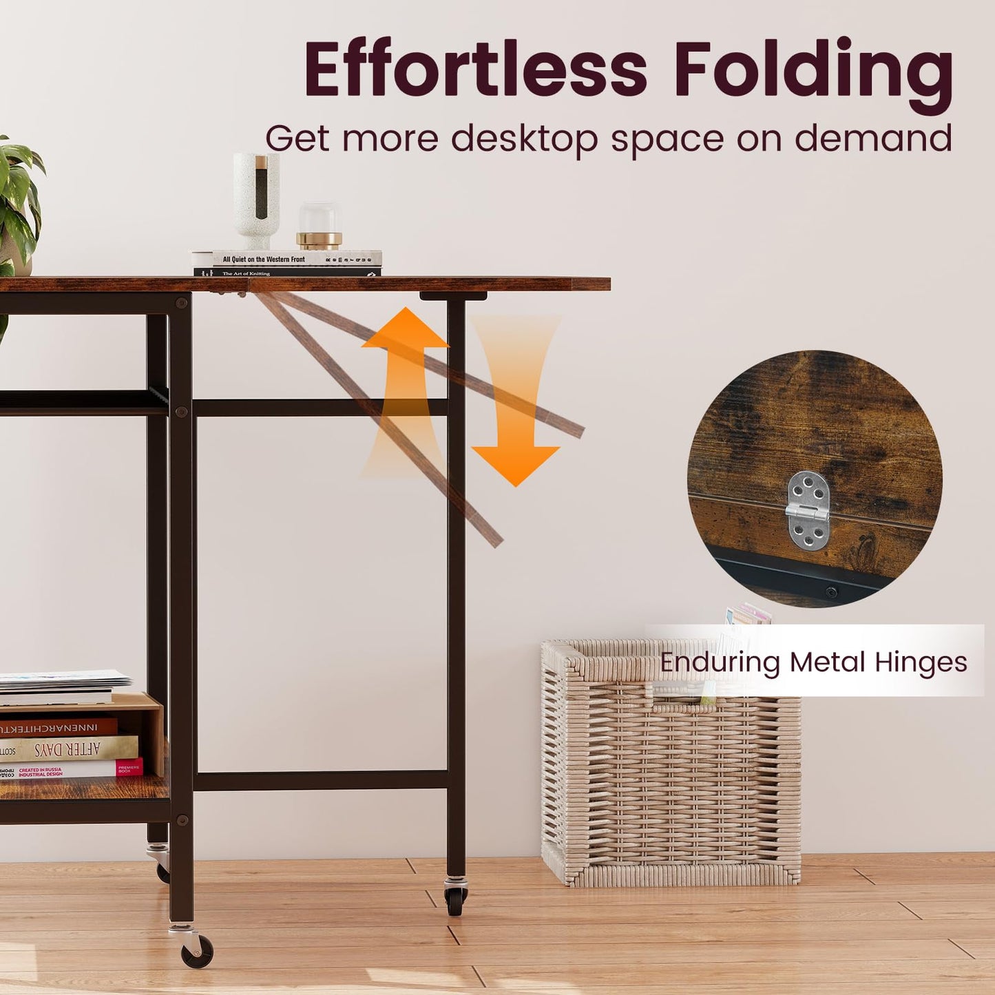 Folding Dining Table, Mobile Kitchen Table with 5 Wheels