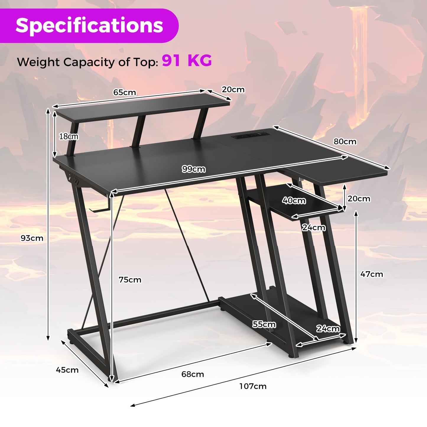 L-Shaped Gaming Desk with Outlets USB Ports and Monitor Shelf