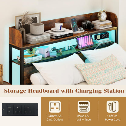 Double Bed Frame with LED Lights and Power Outlets with Storage Headboard