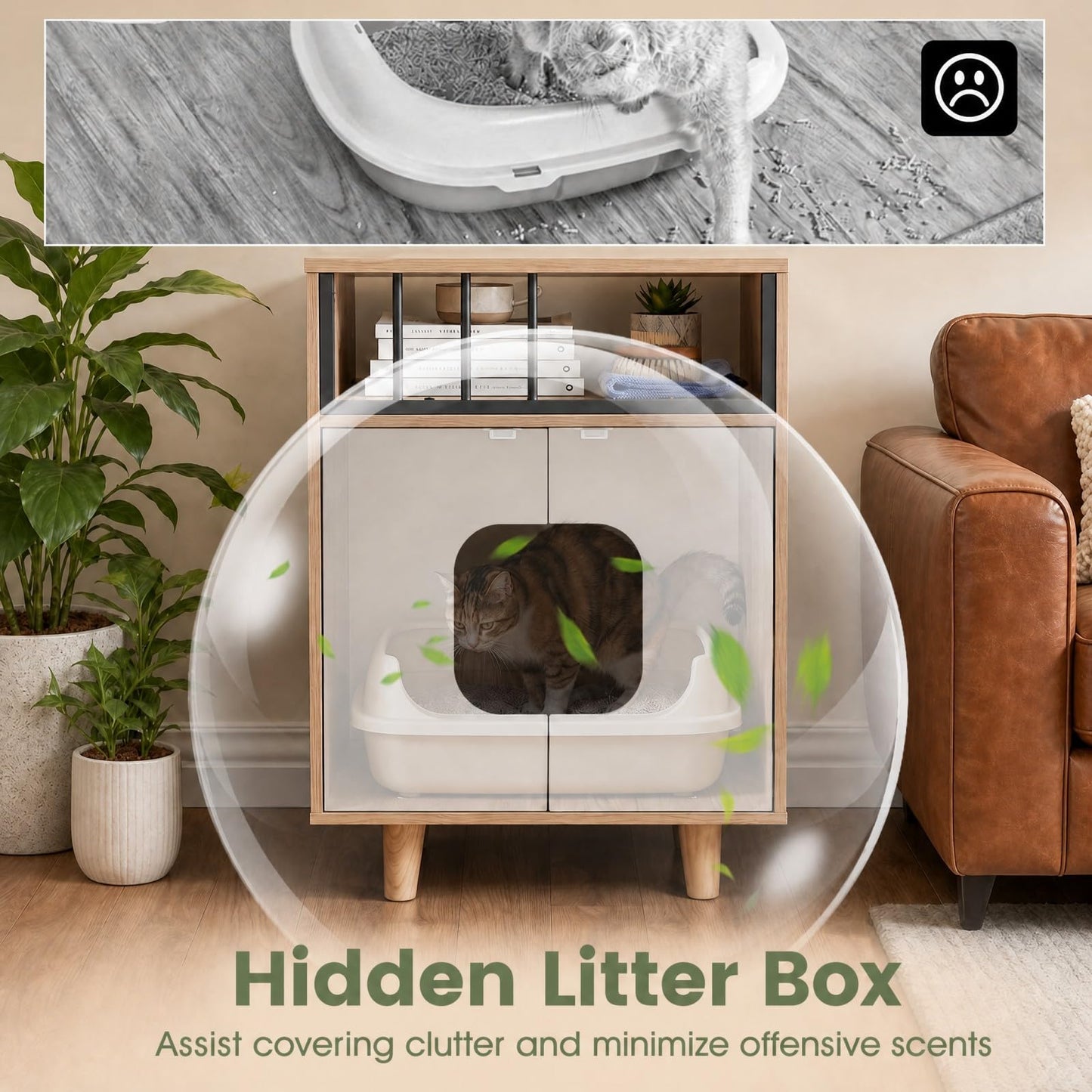 3 in 1 Cat Litter Box Enclosure, Wooden Hidden Washroom Toilet