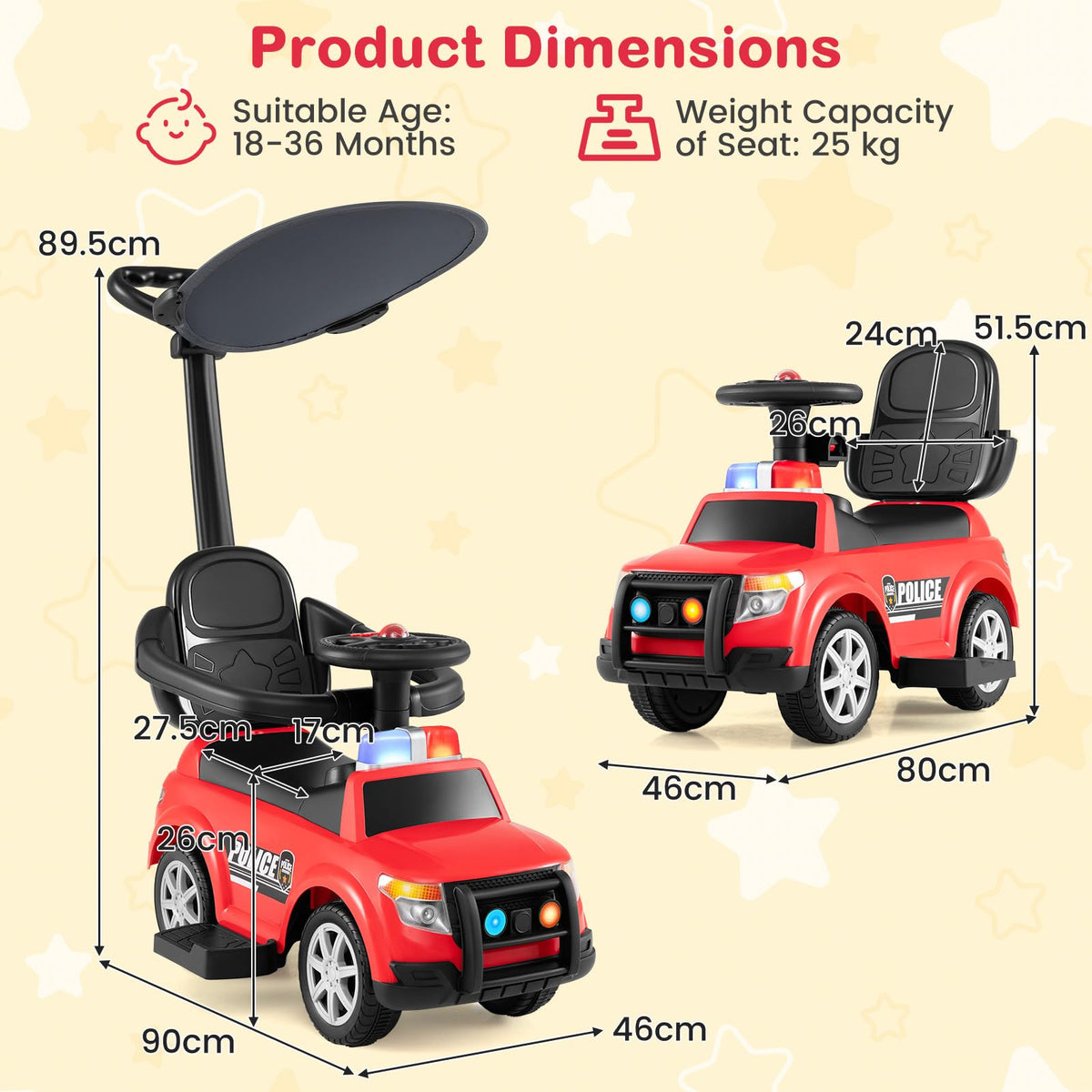 3 in 1 Kids Ride on Push Car, Push Along Car with Light