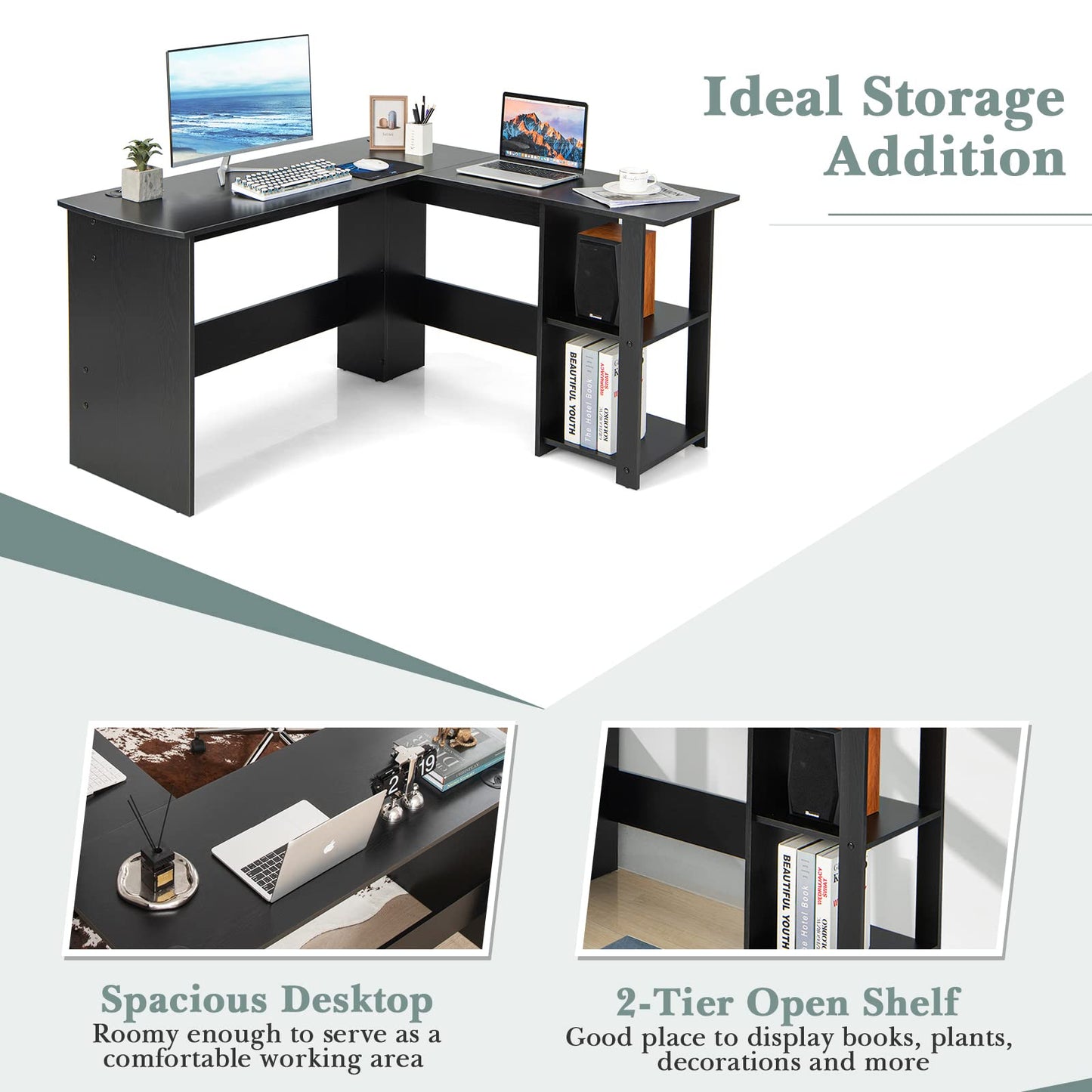 L-Shaped Computer Desk, Modern Large Corner Desk Writing Study Table with Storage Shelves
