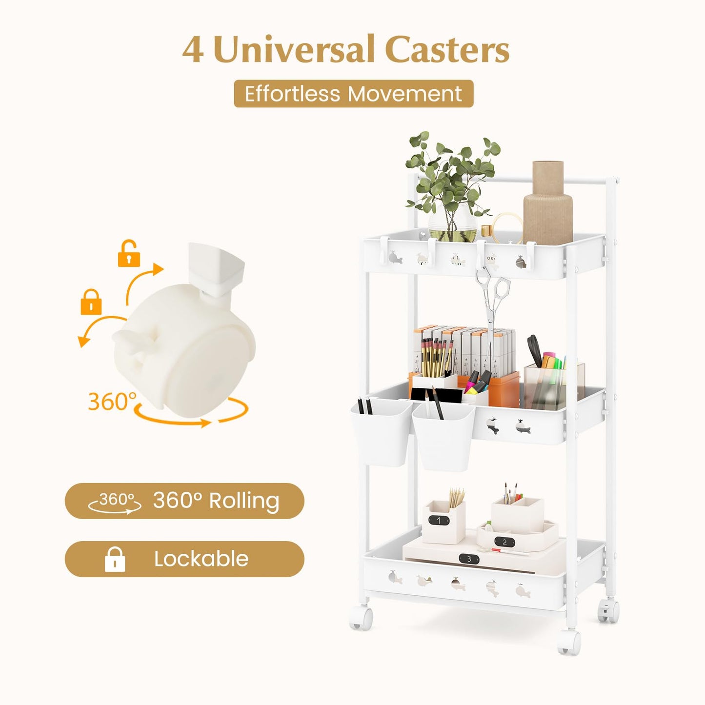 3-Tier Rolling Storage Cart with 2 Hanging Cups and 4 Hooks
