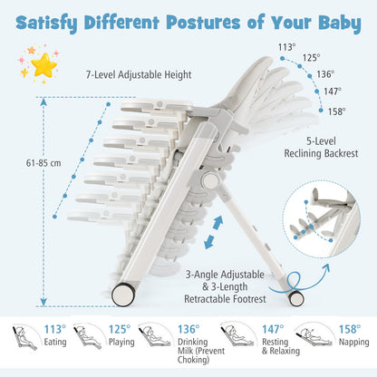 Adjustable Toddlers Reclining Highchair with Detachable Double Trays