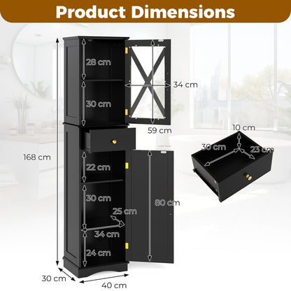 Wooden Freestanding Bathroom Tall Cabinet with 2 Doors & Adjustable Shelves