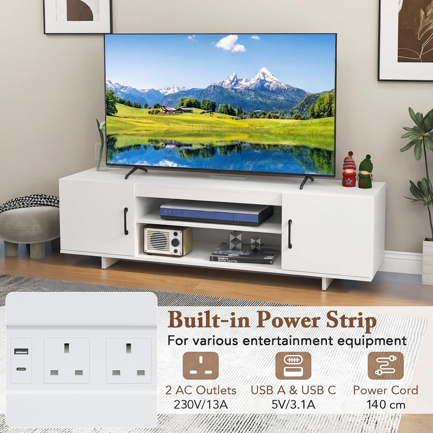 TV Stand for TVs up to 70 Inches with Power Outlet and 2 Cable Holes