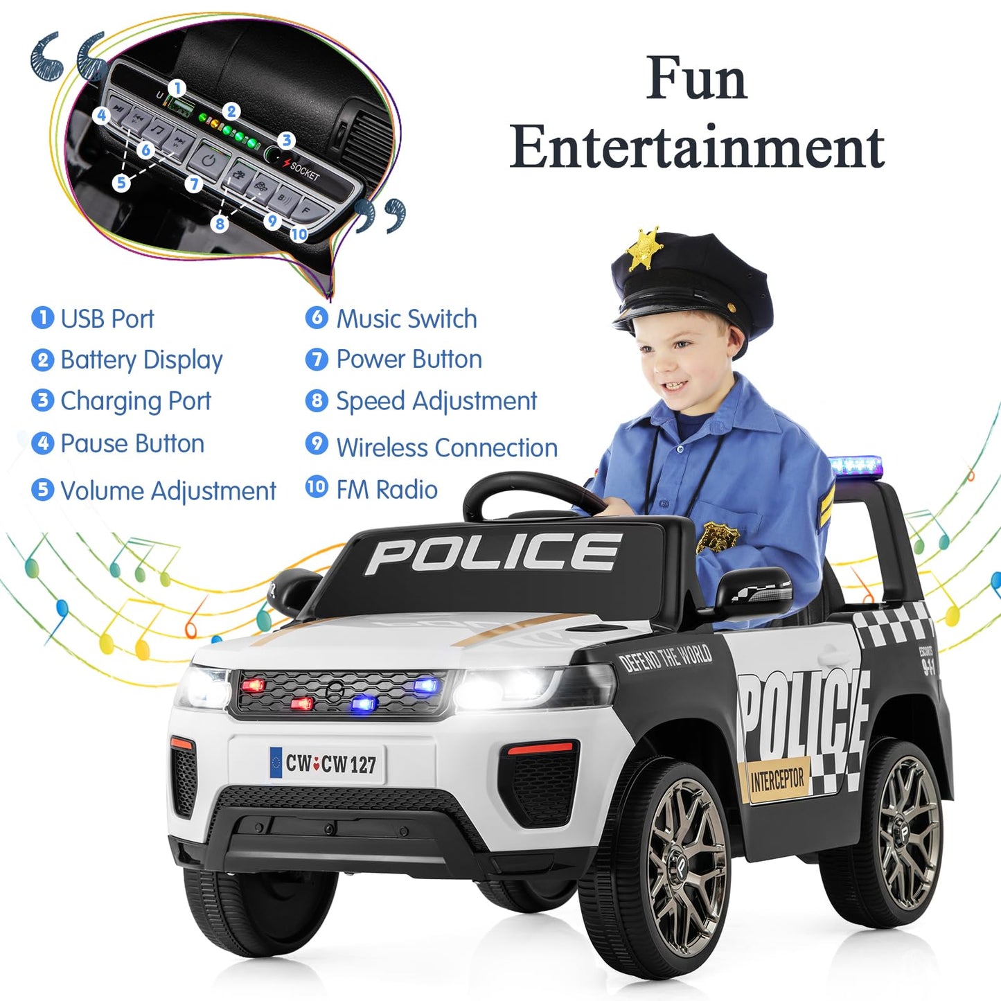 12V Kid Ride on Police Car with Remote Control for Children